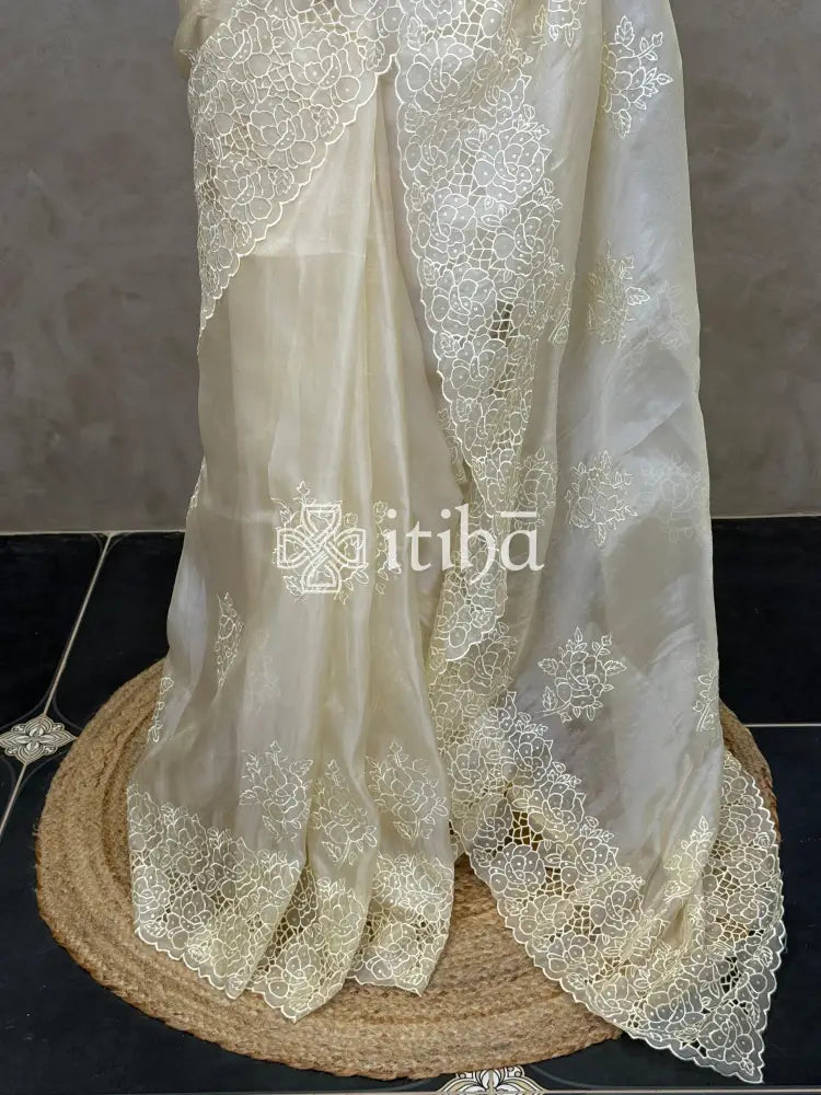 ORGANZA CUT WORK EMBROIDERY DESIGNER SAREE - LIGHT BEIGE