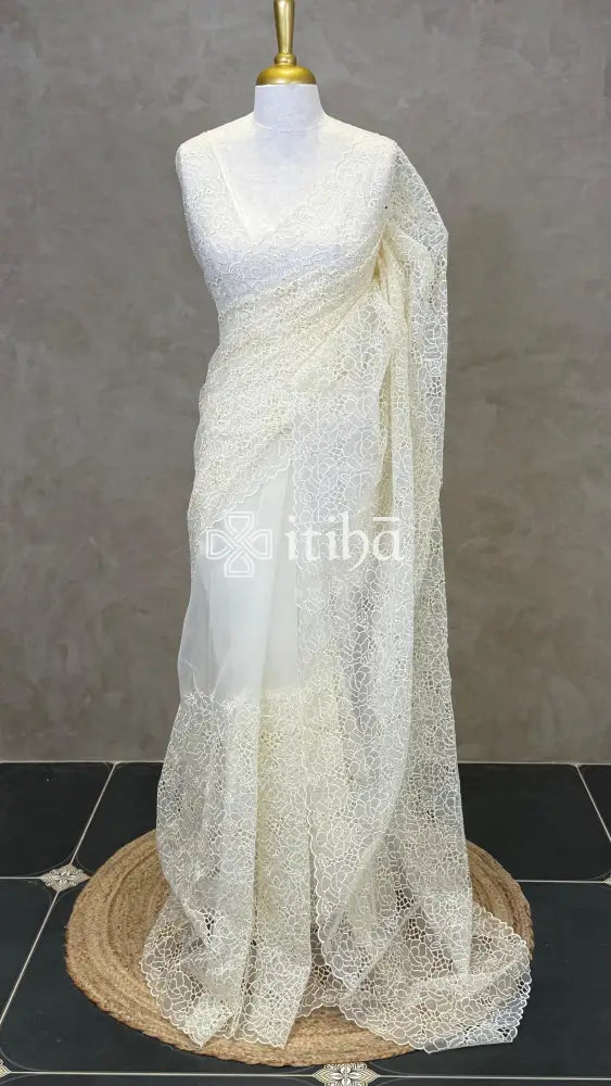 ORGANZA CUT WORK EMBROIDERY DESIGNER SAREE - OFF WHITE