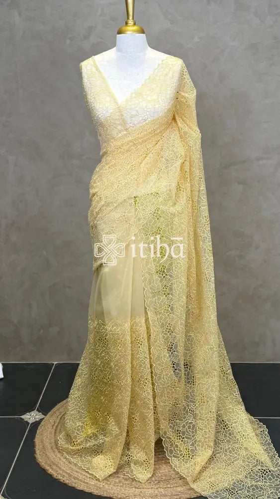 ORGANZA CUT WORK EMBROIDERY DESIGNER SAREE - Yellow
