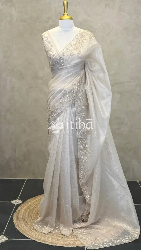 ORGANZA EMBROIDERY DESIGNER SAREE - LIGHT BEIGE