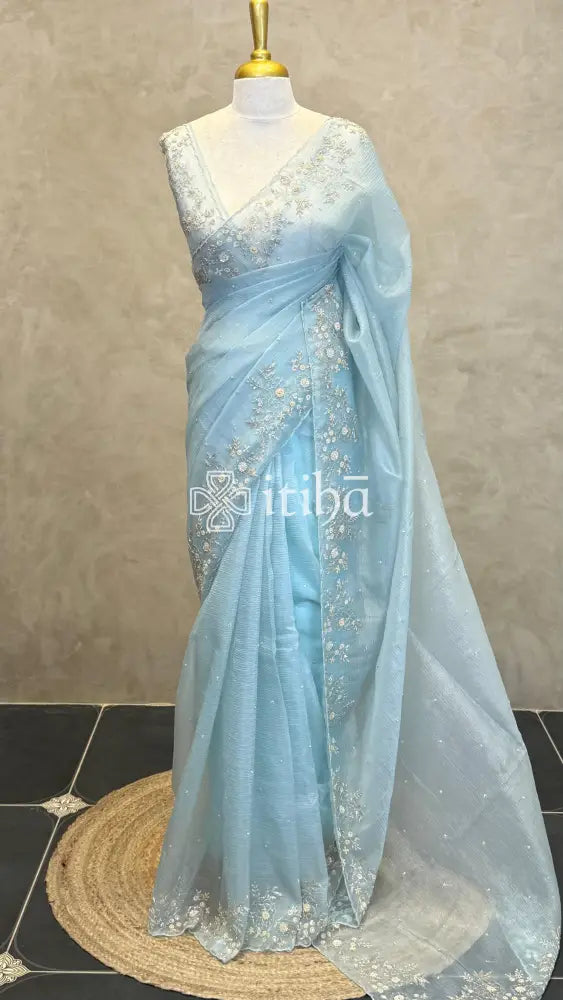 ORGANZA EMBROIDERY DESIGNER SAREE - LIGHT BLUE