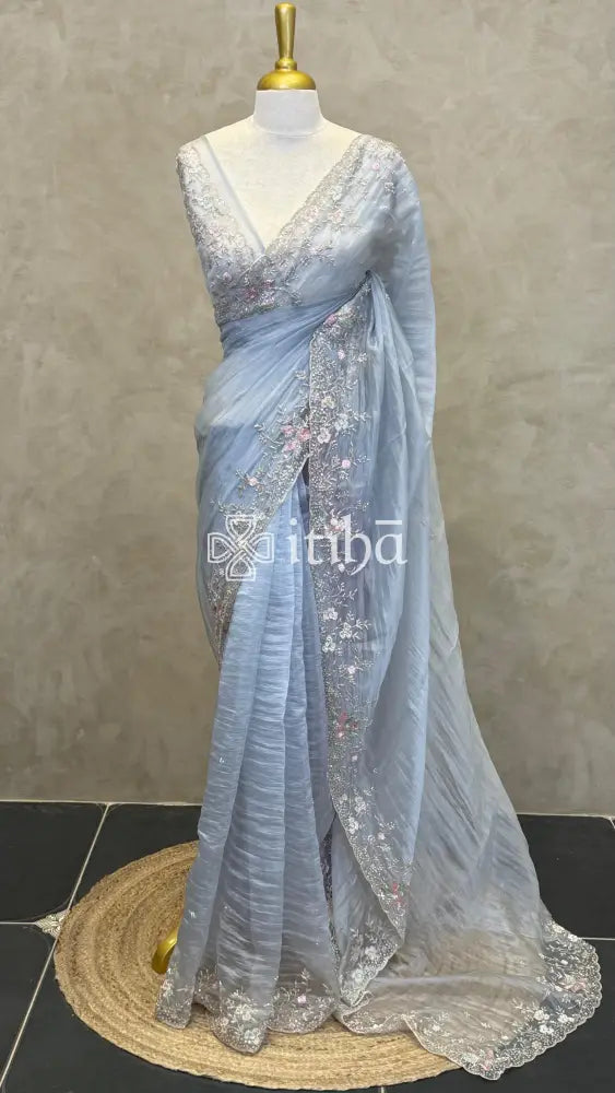 ORGANZA EMBROIDERY DESIGNER SAREE - PASTEL BLUE
