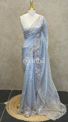 ORGANZA EMBROIDERY DESIGNER SAREE - PASTEL BLUE