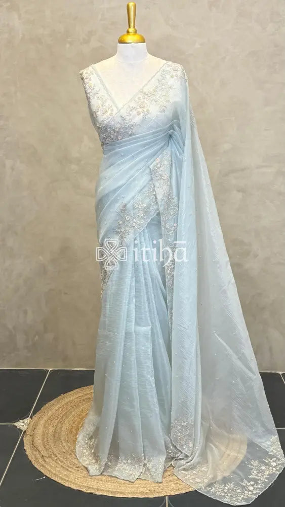 ORGANZA EMBROIDERY DESIGNER SAREE - PASTEL BLUE