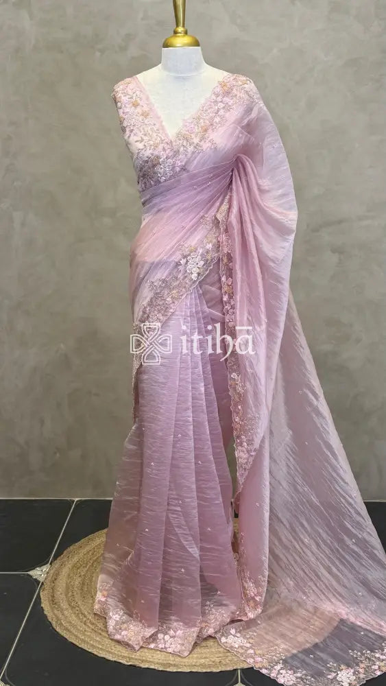 ORGANZA EMBROIDERY DESIGNER SAREE - PASTEL PINK