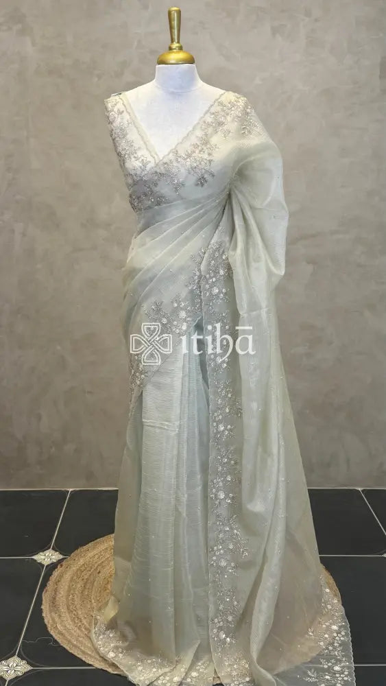 ORGANZA EMBROIDERY DESIGNER SAREE - PASTEL PISTA GREEN