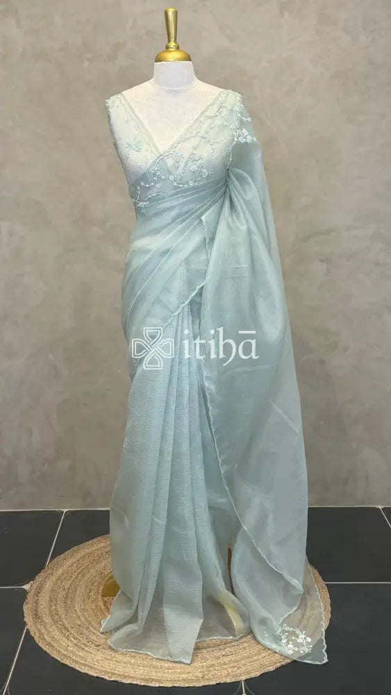 ORGANZA EMBROIDERY DESIGNER SAREE - PASTEL SAGE GREEN