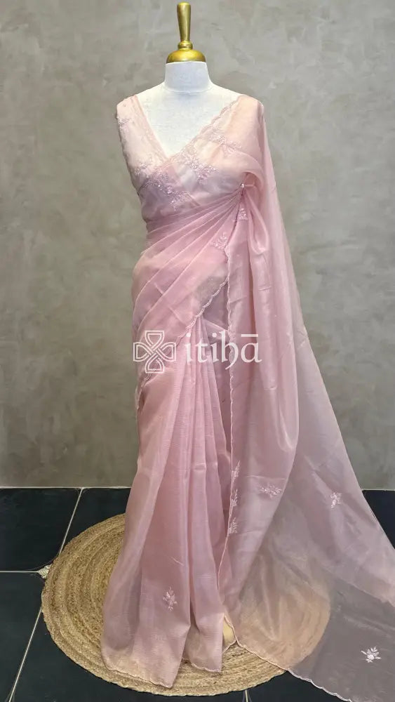 ORGANZA EMBROIDERY DESIGNER SAREE - PEACH