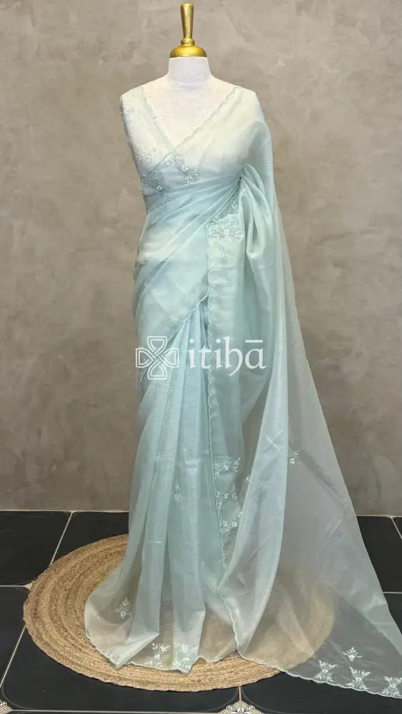 ORGANZA EMBROIDERY DESIGNER SAREE - PISTA GREEN