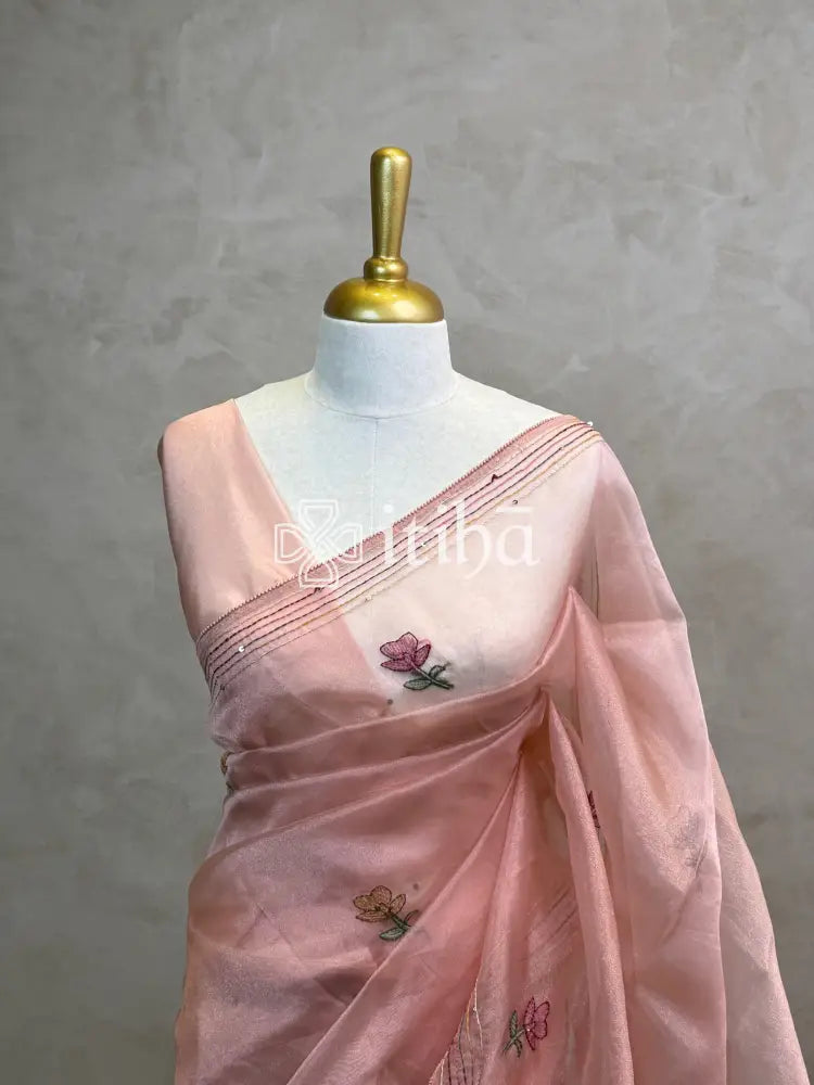 ORGANZA EMBROIDERY SAREE - PEACH
