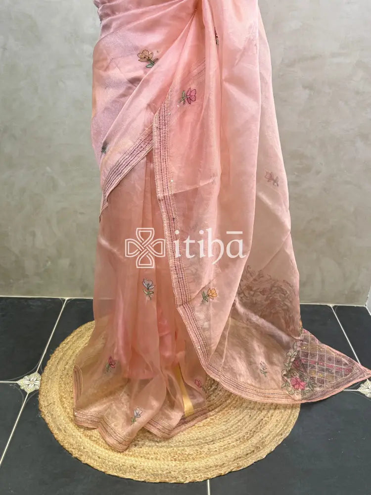 ORGANZA EMBROIDERY SAREE - PEACH