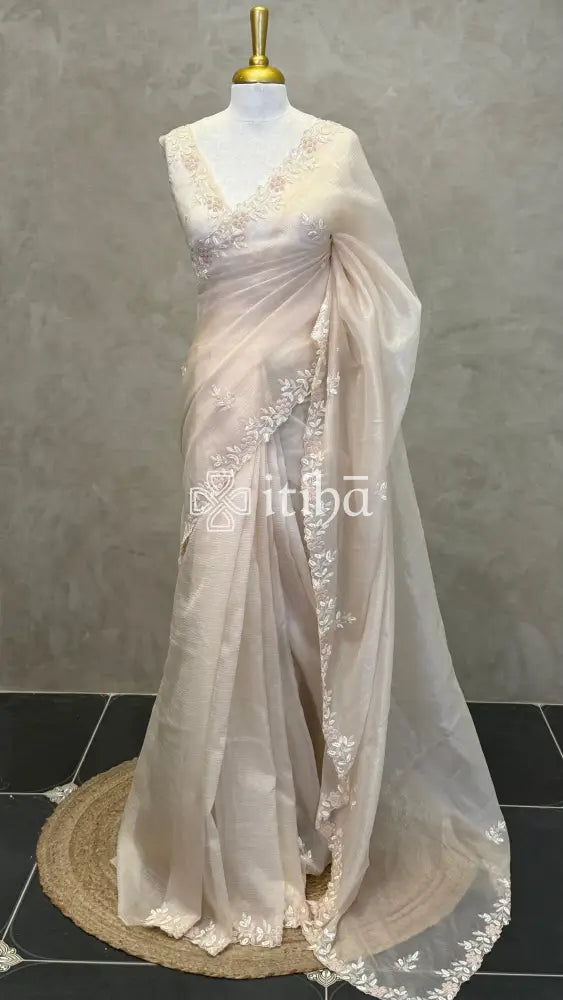 ORGANZA EMBROIDERY SAREE - Beige