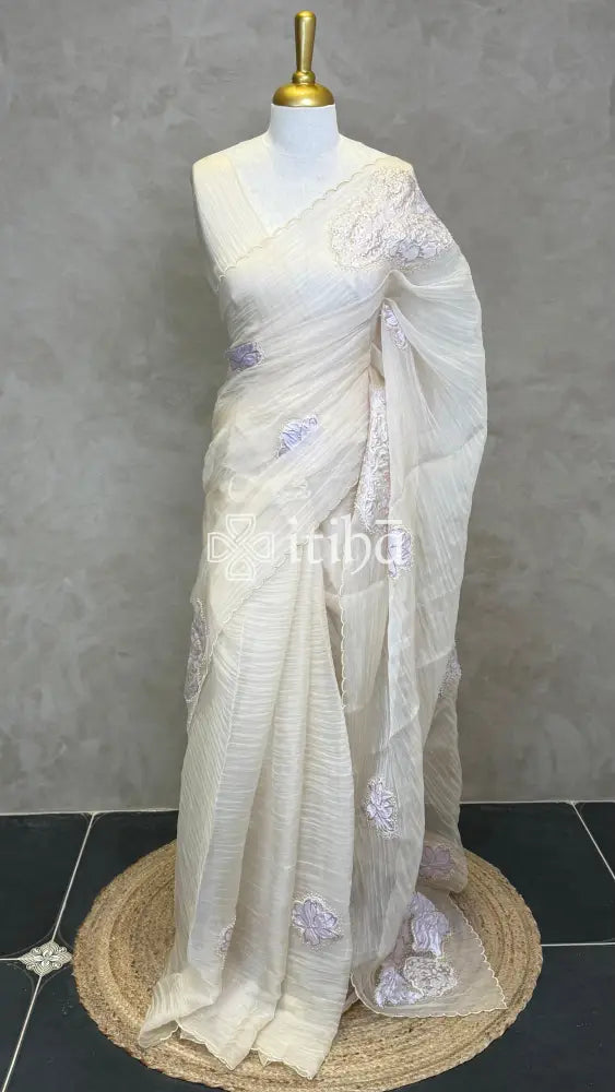 ORGANZA EMBROIDERY SAREE - Beige