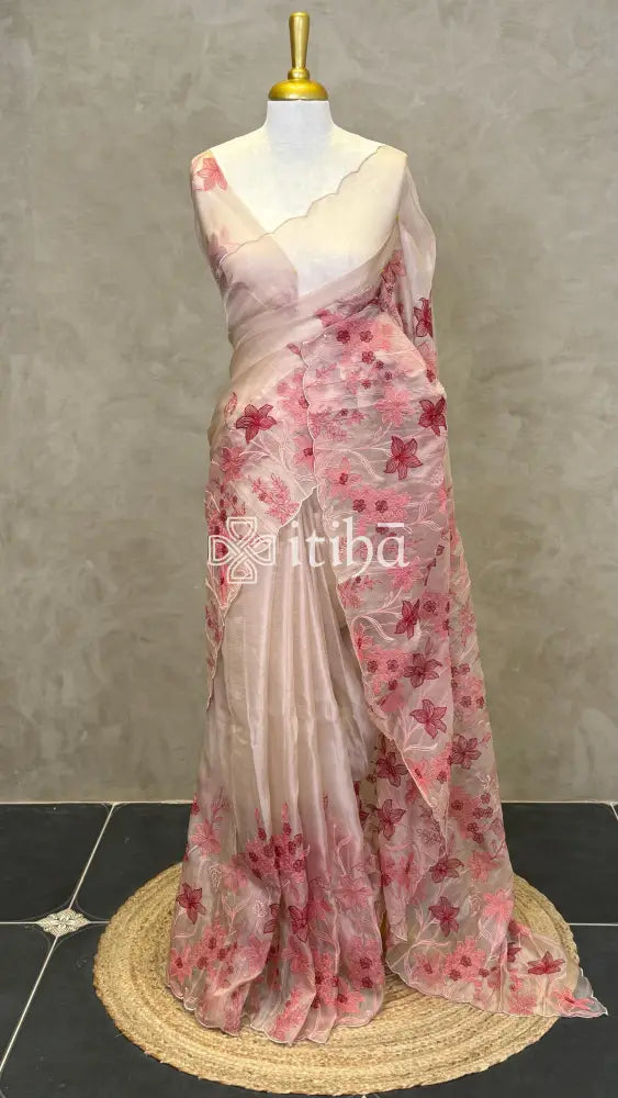 ORGANZA EMBROIDERY SAREE - Beige