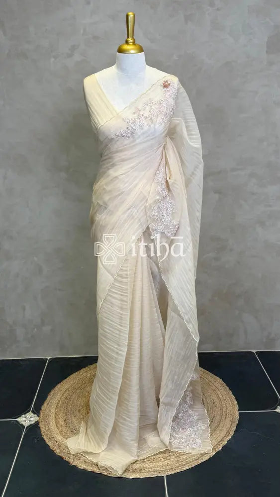ORGANZA EMBROIDERY SAREE - Beige