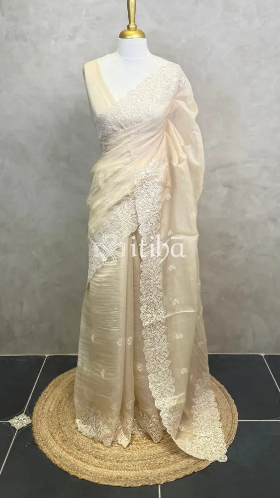 ORGANZA EMBROIDERY SAREE - Beige