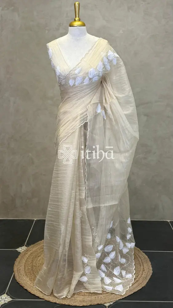 ORGANZA EMBROIDERY SAREE - Beige