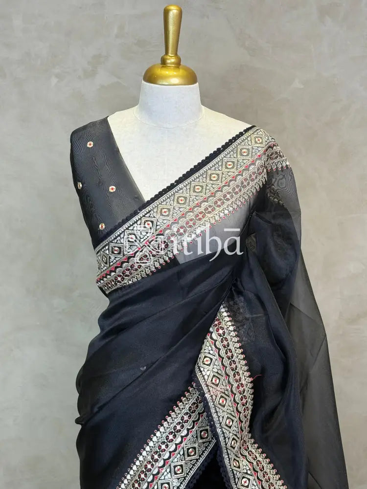ORGANZA EMBROIDERY SAREE - Black