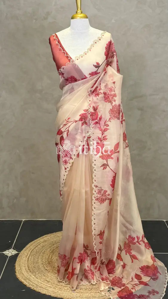 ORGANZA EMBROIDERY SAREE - BRICK RED