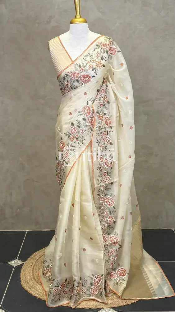 ORGANZA EMBROIDERY SAREE - BRIGHT ORANGE