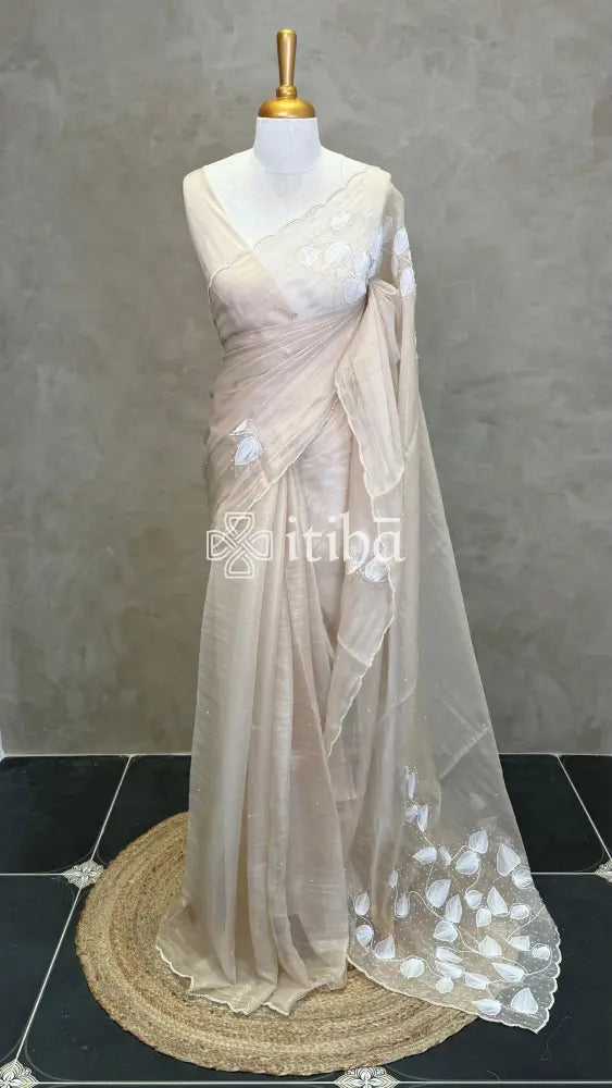 ORGANZA EMBROIDERY SAREE - CHAMPAGNE BEIGE
