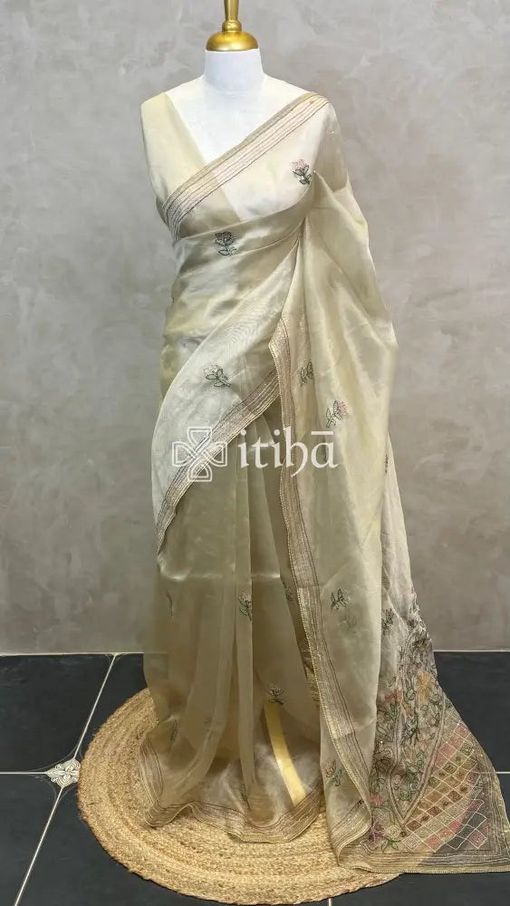 ORGANZA EMBROIDERY SAREE - CHAMPAGNE BEIGE