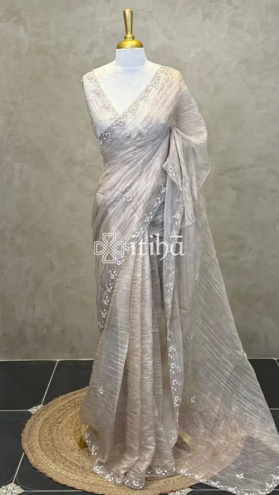ORGANZA EMBROIDERY SAREE - CHAMPAGNE BEIGE