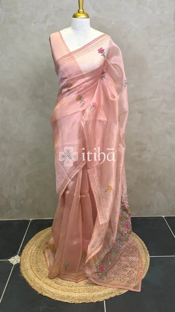 ORGANZA EMBROIDERY SAREE - Dusty peach