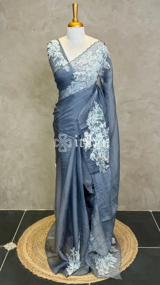 ORGANZA EMBROIDERY SAREE - Grey
