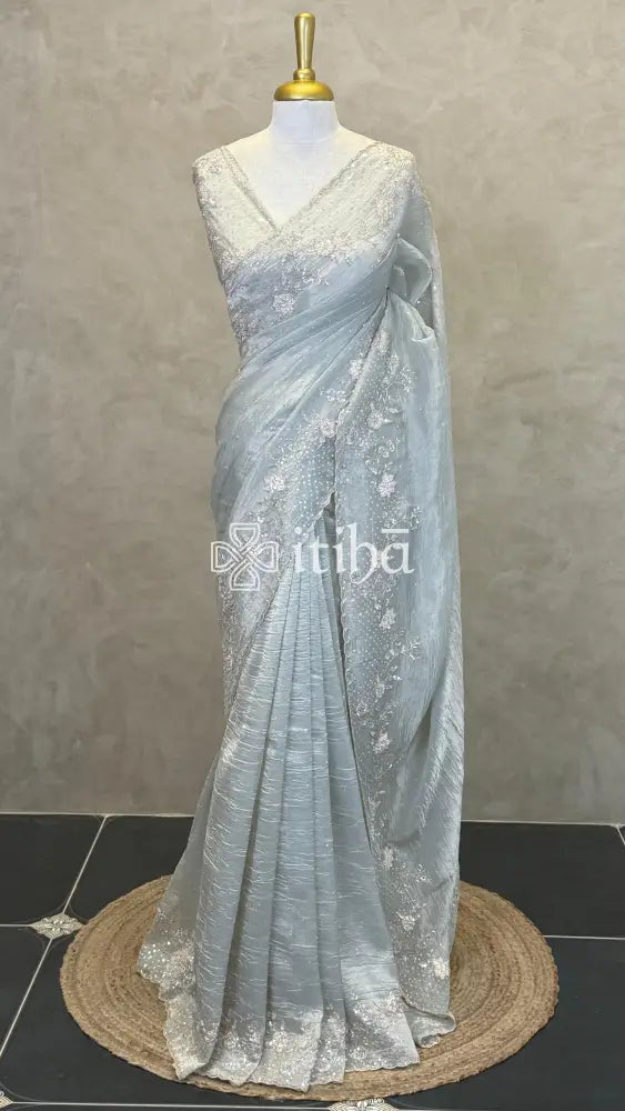 ORGANZA EMBROIDERY SAREE - GREYISH BLUE
