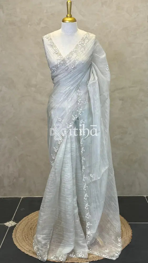 ORGANZA EMBROIDERY SAREE - GREYISH BLUE