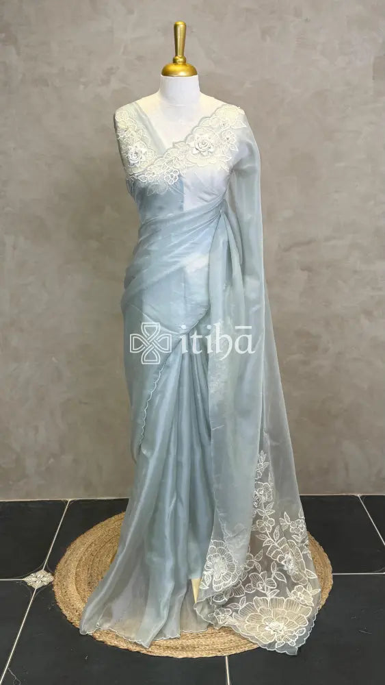 ORGANZA EMBROIDERY SAREE - GREYISH BLUE