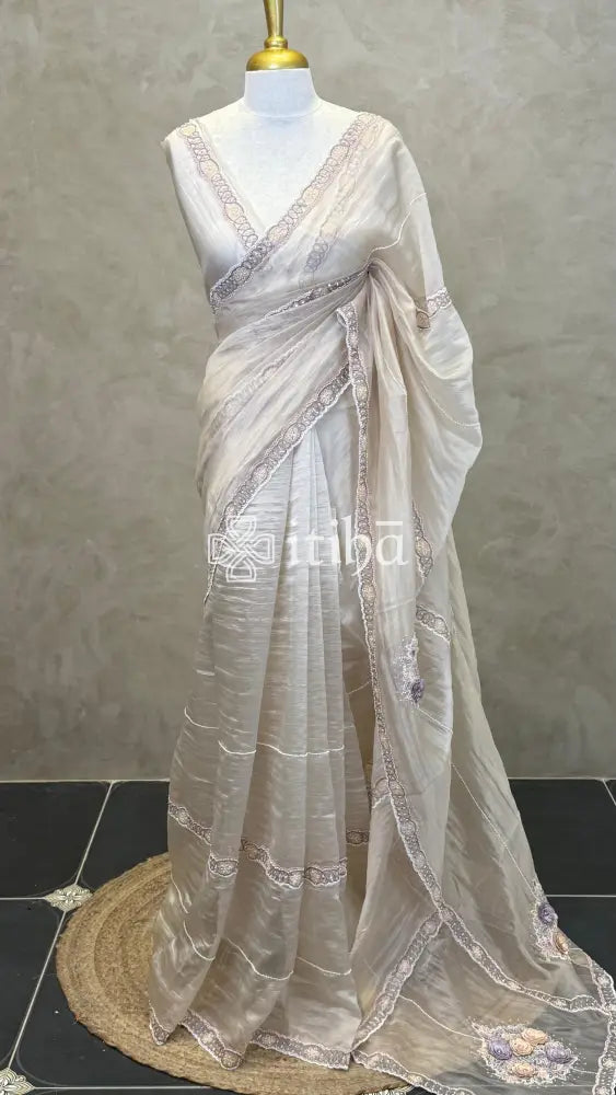 ORGANZA EMBROIDERY SAREE - LIGHT BEIGE