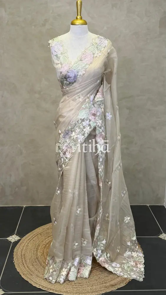 ORGANZA EMBROIDERY SAREE - LIGHT BEIGE