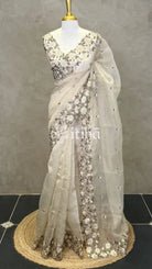 ORGANZA EMBROIDERY SAREE - LIGHT BEIGE