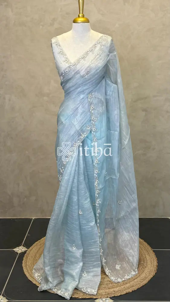 ORGANZA EMBROIDERY SAREE - LIGHT BLUE