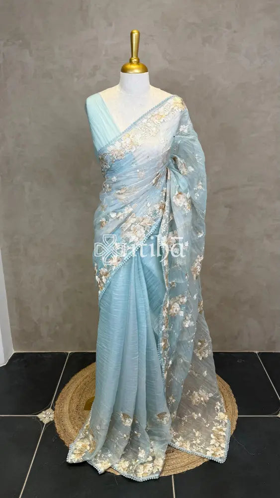 ORGANZA EMBROIDERY SAREE - LIGHT BLUE