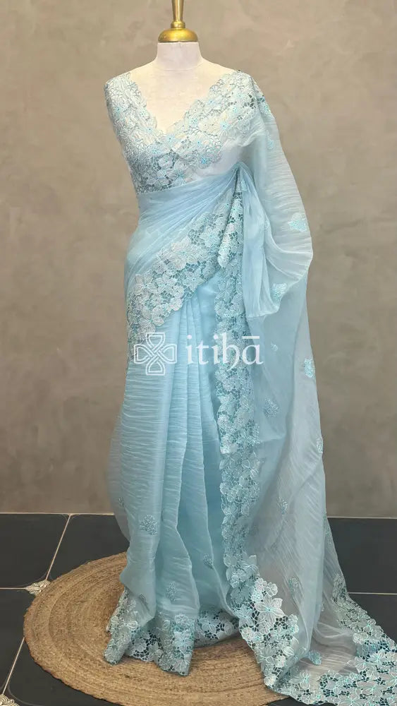 ORGANZA EMBROIDERY SAREE - LIGHT BLUE