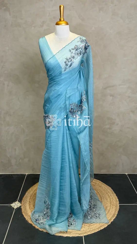 ORGANZA EMBROIDERY SAREE - LIGHT BLUE