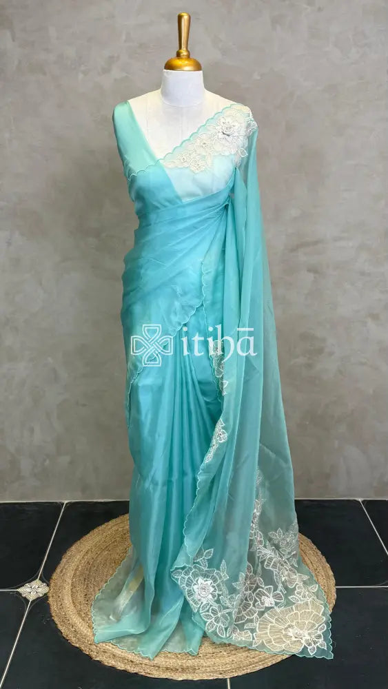 ORGANZA EMBROIDERY SAREE - LIGHT BLUE