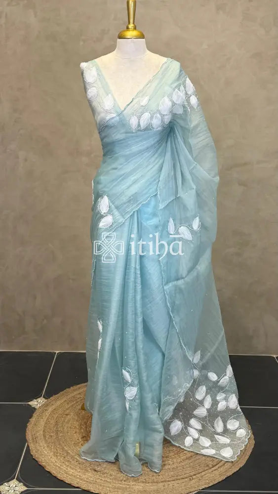 ORGANZA EMBROIDERY SAREE - LIGHT BLUE