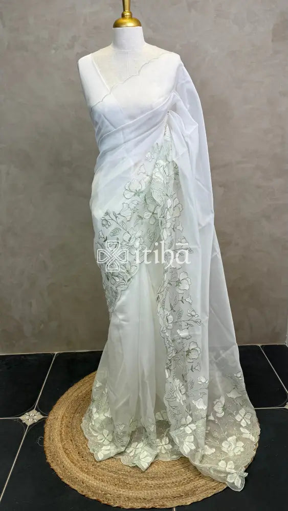 ORGANZA EMBROIDERY SAREE - LIGHT GREEN