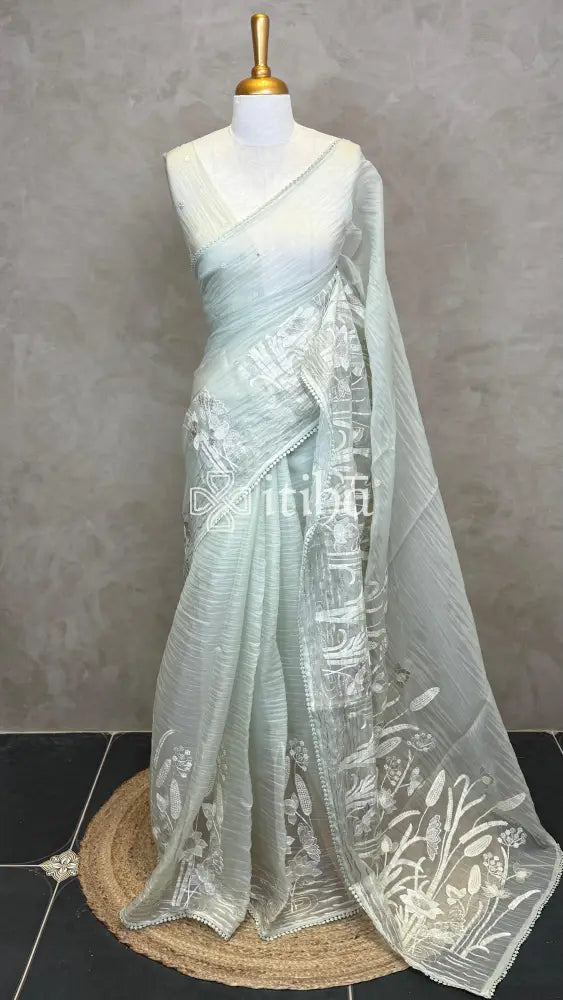 ORGANZA EMBROIDERY SAREE - LIGHT GREEN