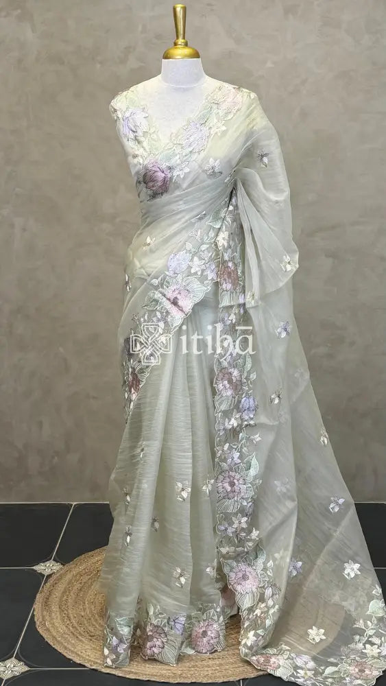 ORGANZA EMBROIDERY SAREE - LIGHT GREEN