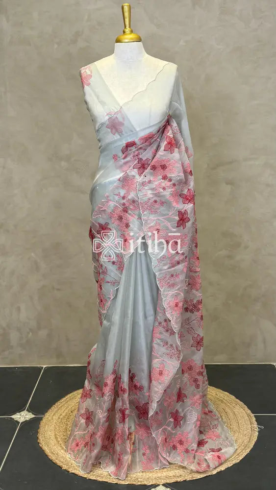 ORGANZA EMBROIDERY SAREE - LIGHT GREY