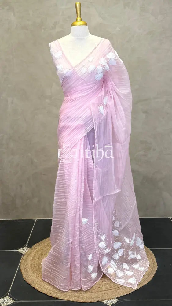 ORGANZA EMBROIDERY SAREE - LIGHT PINK