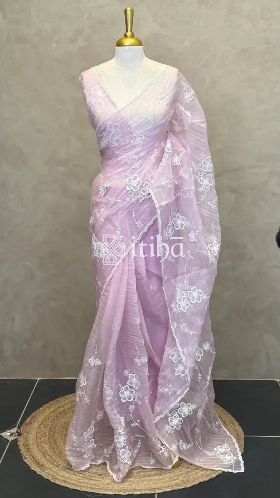 ORGANZA EMBROIDERY SAREE - LIGHT PINK