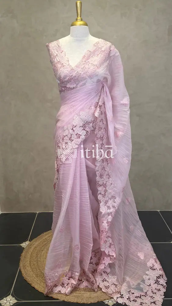 ORGANZA EMBROIDERY SAREE - LIGHT PINK
