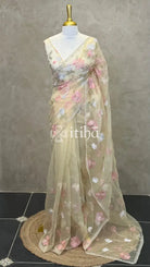 ORGANZA EMBROIDERY SAREE - LIGHT YELLOW