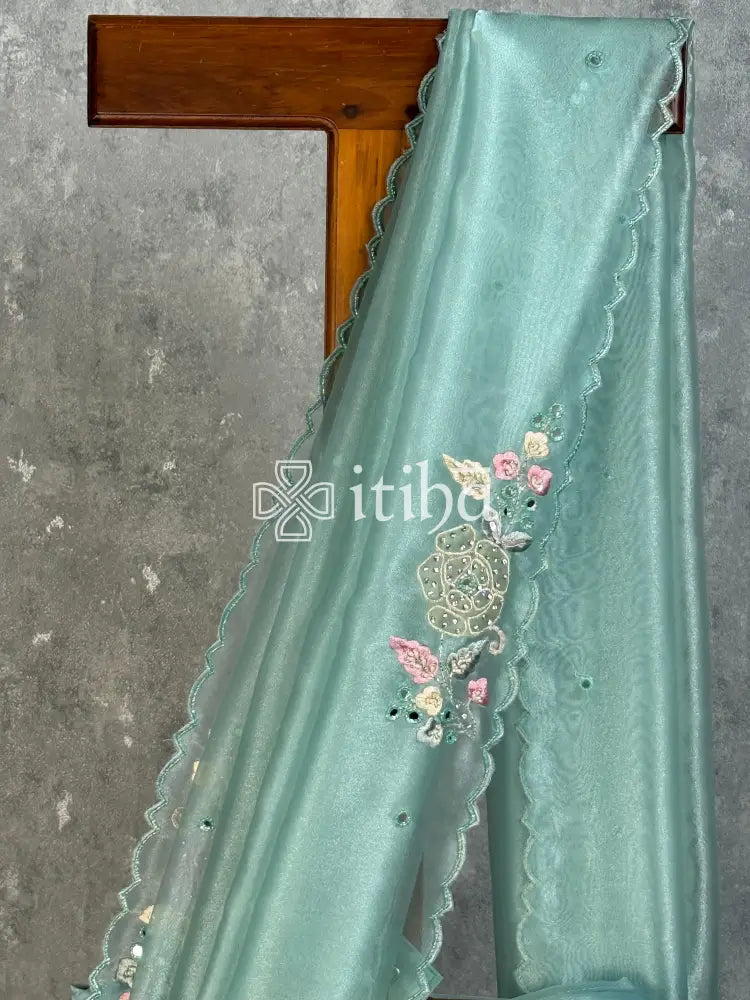 ORGANZA EMBROIDERY SAREE - MINT GREEN